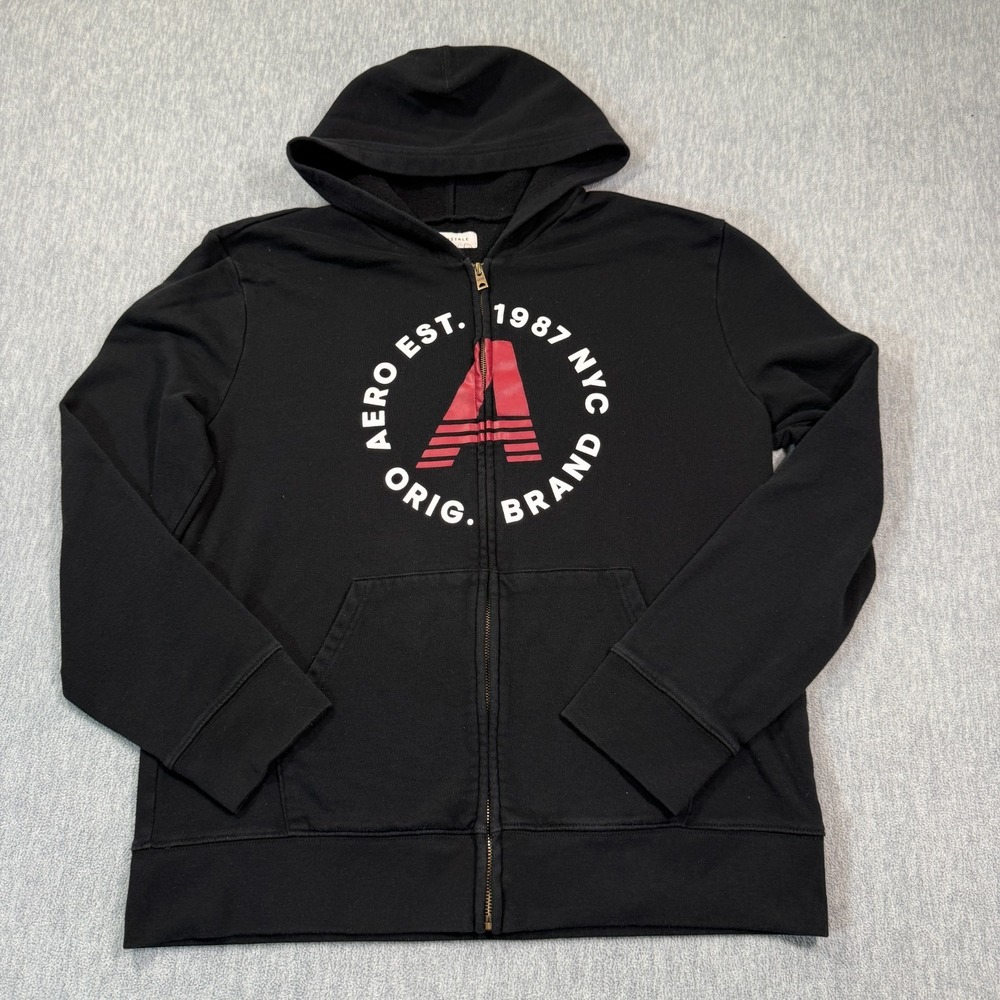 Aeropostale Hoodie Men‎ L Black Full Zip Logo Fleece Long Sleeve Pullover Jacket